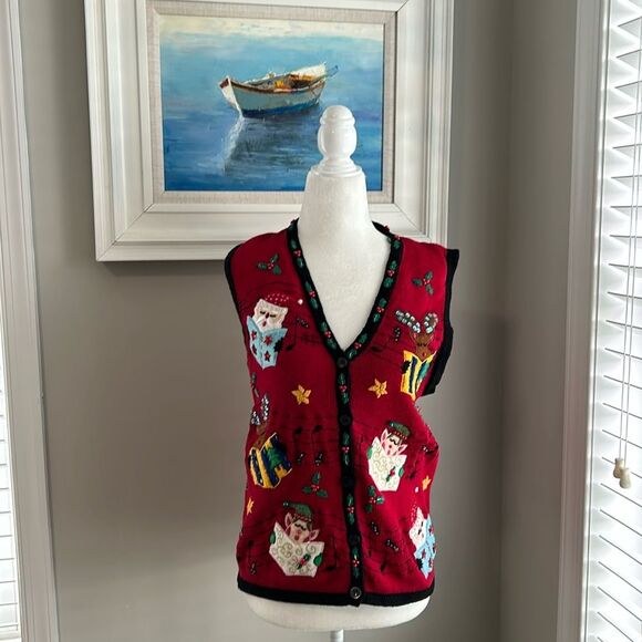 Vintage Bobbie Brooks Holiday Christmas Caroling Santa Sweater Vest Medium - Picture 4 of 8